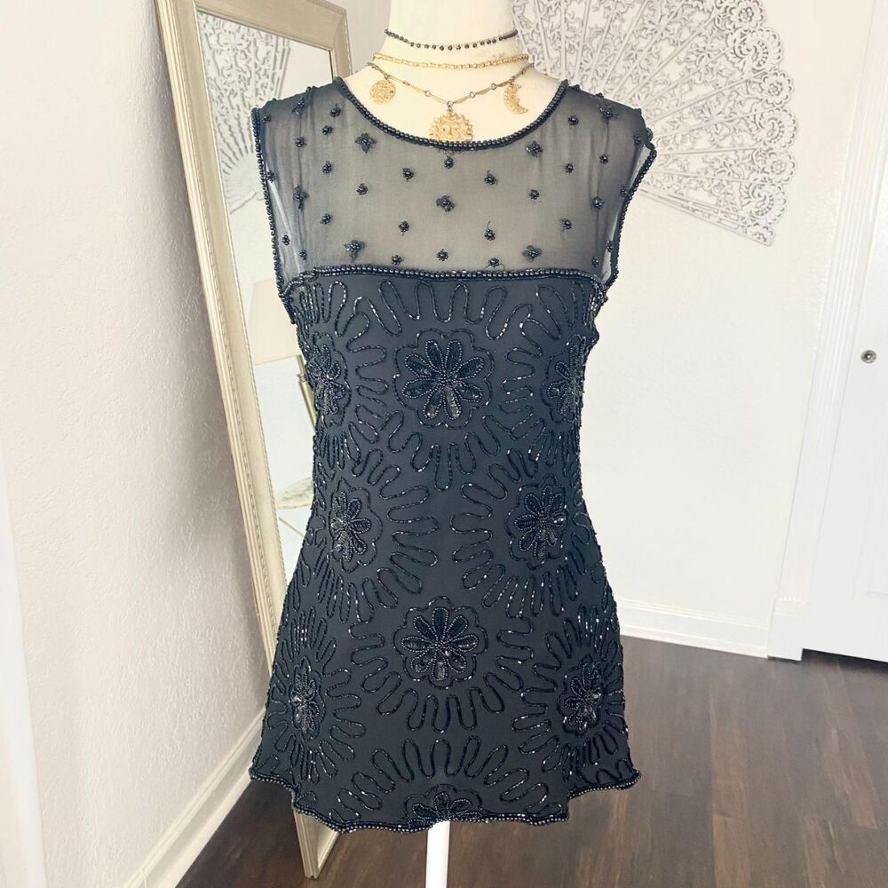 Sue Brett Vintage 90s Ethereal Whimsygoth Floral Beaded 100% Silk Sheer Top 14 L